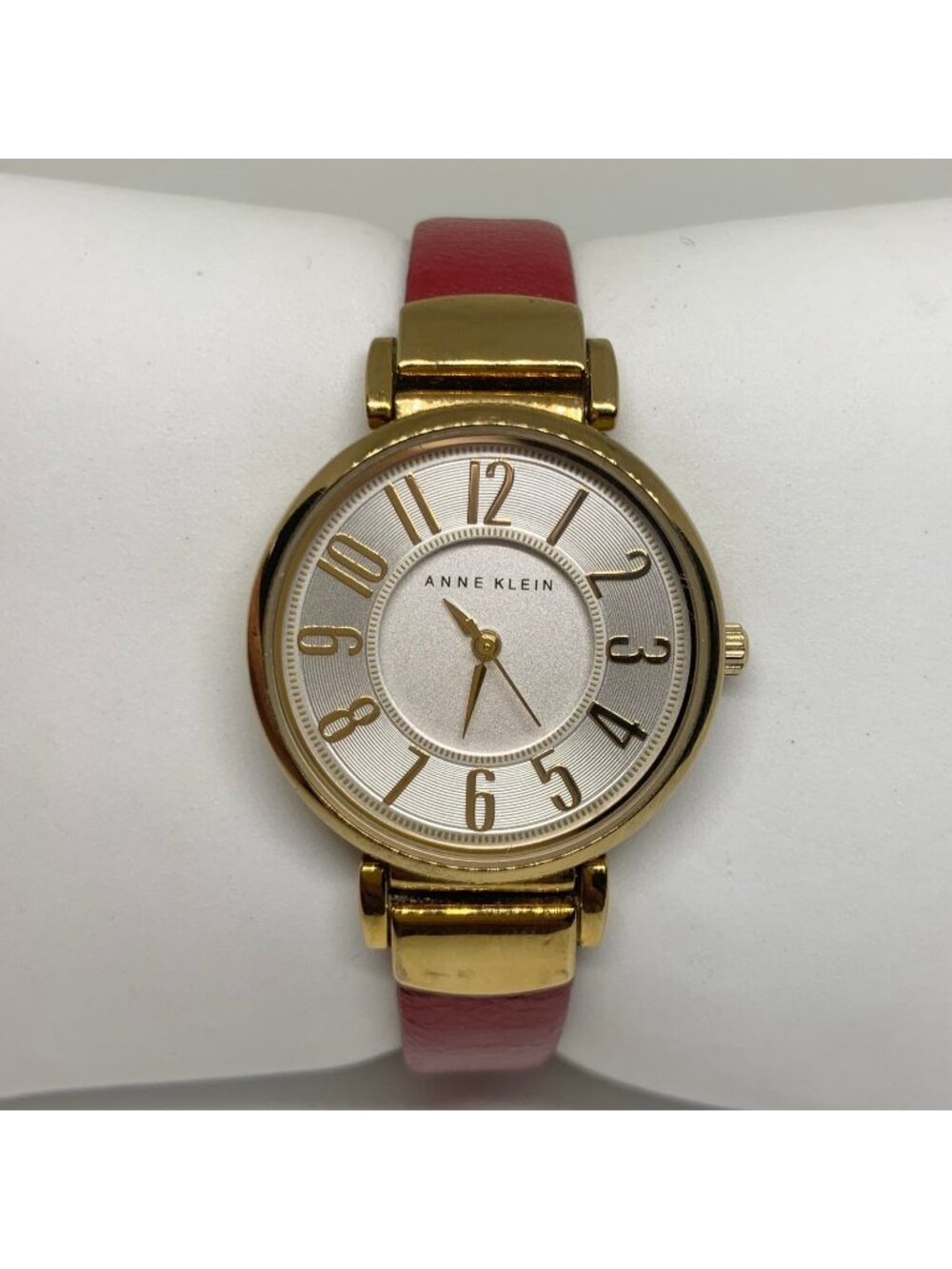 Anne Klein gold tone women’s watch 30mm quartz analog red leather band running